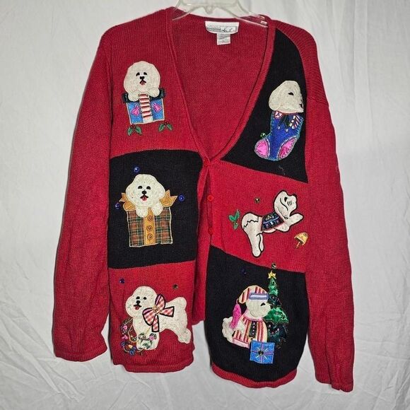 Vintage 90s 2000s dog puppy Christmas knit plus size sweater cardigan - Picture 1 of 5